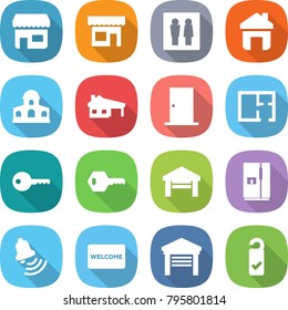 flat vector icon set - shop vector, wc, home, mansion, house with garage, door, plan, key, fridge, bell, welcome mat, please clean