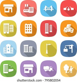 flat vector icon set - shop vector, store, bridge, drawbridge, houses, building, skyscrapers, modern architecture, district, outdoor light, loading, hotel, sweeper, garden cleaning
