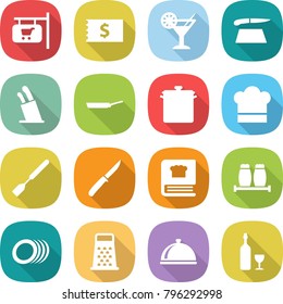 flat vector icon set - shop signboard vector, receipt, cocktail, cutting board, stands for knives, pan, cook hat, spatula, knife, cooking book, salt pepper, plates, grater, meal cap, wine