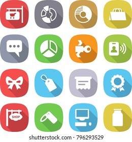 flat vector icon set - shop signboard vector, circle diagram, shopping bag, message, satellite, pass card, bow, label, atm receipt, medal, computer, bank