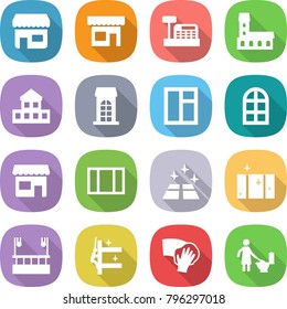 flat vector icon set - shop vector, cashbox, mansion, cottage, building, window, arch, clean floor, skysrcapers cleaning, skyscrapers, wiping, toilet