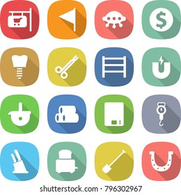 flat vector icon set - shop signboard vector, flag, ufo, dollar coin, tooth implant, surgical clamp, rack, magnet, ladle, pipes, kitchen scales, handle, knife holder, toaster, shovel, horseshoe
