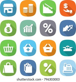 flat vector icon set - shop vector, coin stack, crisis, investment, money bag, diagram, percent, up down arrow, basket, add to, remove from, scales, shopping, cashbox