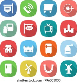 flat vector icon set - shop signboard vector, call, delivery, cell corection, scales weight, tv, castle, japanese house, gothic architecture, fridge, hand mill, windmill, horseshoe