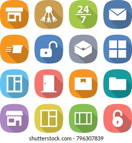flat vector icon set - shop vector, share, 24 7, mail, delivery, unlock, box, window, door, package, documents