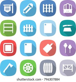flat vector icon set - shop signboard vector, pencil, pallet, dresser, rack, fence, cutting board, trees, axe, wheel, barrel, farm