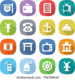 flat vector icon set - shop signboard vector, wallet, abacus, tv, windmill, phone, anchor, service bell, wardrobe, stool, fireplace, mobile, hand mill, wheel