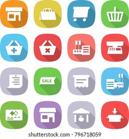 flat vector icon set - shop vector, shopping bag, delivery, basket, add to, delete cart, store, market scales, list, sale, atm receipt, mall, credit card, warehouse, package