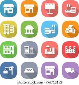 flat vector icon set - shop vector, billboard, store, houses, goverment house, mall, modern architecture, modular, district, city, palace, loading, taxi, sweeper