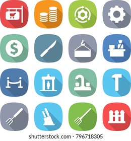 flat vector icon set - shop signboard vector, coin stack, around gear, dollar, scalpel, loading crane, customs control, vip fence, detector, water tap, hammer, big fork, knife holder, grain elevator