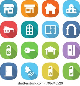 flat vector icon set - shop vector, home, mansion, house with garage, arch window, plan, do not distrub, key, fridge, door, bell, please clean