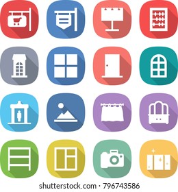 flat vector icon set - shop signboard vector, billboard, abacus, building, window, door, arch, detector, landscape, curtain, dresser, rack, camera, clean
