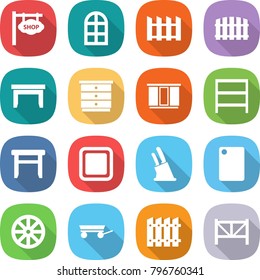 flat vector icon set - shop signboard vector, arch window, fence, table, chest of drawers, wardrobe, rack, stool, cutting board, knife holder, wheel, trailer, farm