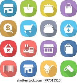 flat vector icon set - shop vector, basket, purse, shopping bag, dollar arrow, cart, add to, delete, store, market, bar code, trolley, label