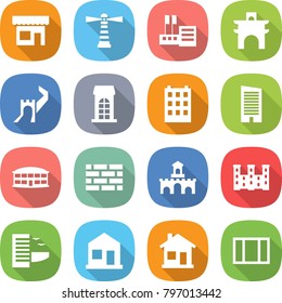 flat vector icon set - shop vector, lighthouse, store, arch, greate wall, building, skyscraper, airport, brick, fort, palace, hotel, home, window