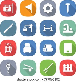flat vector icon set - shop signboard vector, flag, gear, nail, scalpel, loading, vip fence, water tap, radiator, toaster, pipes, kitchen scales, handle, garlic clasp, fork, grain elevator