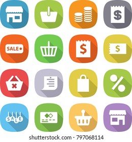 flat vector icon set - shop vector, basket, coin stack, receipt, sale, delete cart, shopping list, bag, percent, credit card