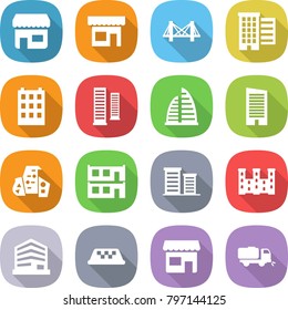 flat vector icon set - shop vector, bridge, houses, building, skyscrapers, skyscraper, modern architecture, modular house, district, palace, office, taxi, sweeper
