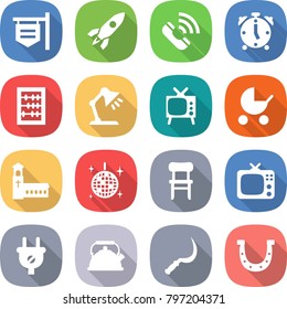 flat vector icon set - shop signboard vector, rocket, call, alarm clock, abacus, table lamp, tv, baby stroller, church, disco ball, chair, plug, kettle, sickle, horseshoe