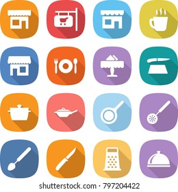 flat vector icon set - shop vector, signboard, hot drink, cafe, restaurant, cutting board, pan, skimmer, big spoon, knife, grater, meal cap