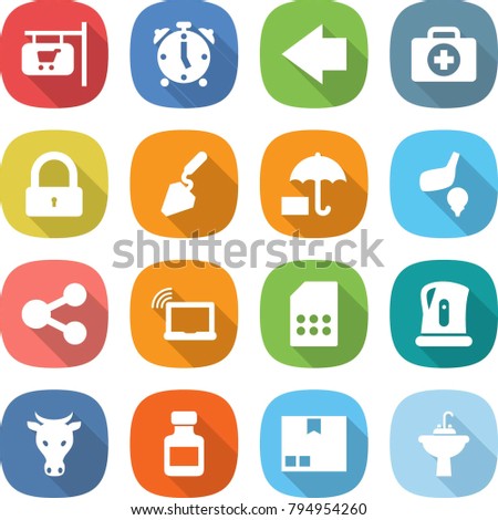 flat vector icon set - shop signboard vector, alarm clock, left arrow, doctor case, lock, construction, insurance, golf, share, laptop wifi, sim card, kettle, cow, pills bottle, package