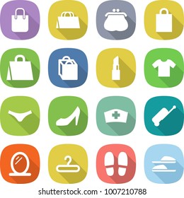 flat vector icon set - shopping bag vector, purse, lipstick, t shirt, underpants, shoes, medical hat, suitcase, mirror, hanger, slippers