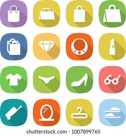 flat vector icon set - shopping bag vector, diamond, necklace, lipstick, t shirt, underpants, shoes, pacemaker, suitcase, mirror, hanger, slippers