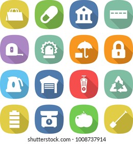 flat vector icon set - shopping bag vector, pill, library, bunker, measuring tape, alarm, insurance, locked, kettle, garage, remote control, recycle, battery, kitchen scales, tomato, shovel