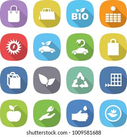 flat vector icon set - shopping bag vector, bio, sun power, eco car, electric, leafs, recycle, solar panel, apple, hand leaf, drop, ecology