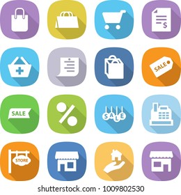 flat vector icon set - shopping bag vector, cart, account balance, add to basket, list, sale label, percent, cashbox, store signboard, shop, real estate