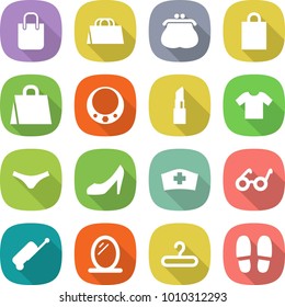 flat vector icon set - shopping bag vector, purse, necklace, lipstick, t shirt, underpants, shoes, medical hat, pacemaker, suitcase, mirror, hanger, slippers