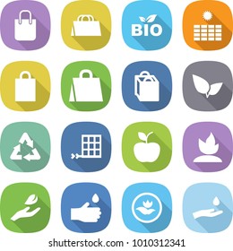 flat vector icon set - shopping bag vector, bio, sun power, leafs, recycle, solar panel, apple, sprouting, hand leaf, drop, ecology, and