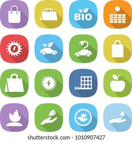 flat vector icon set - shopping bag vector, bio, sun power, eco car, electric, solar, panel, apple, sprouting, hand leaf, ecology, and drop