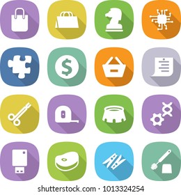 flat vector icon set - shopping bag vector, chess horse, chip, puzzle, dollar coin, remove from basket, list, surgical clamp, measuring tape, stadium, dna edit, usb flash, steake, clothespin