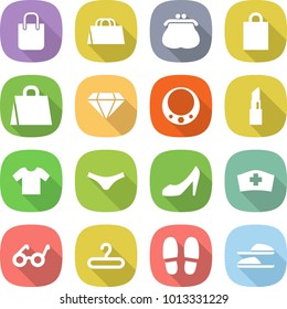 flat vector icon set - shopping bag vector, purse, diamond, necklace, lipstick, t shirt, underpants, shoes, medical hat, pacemaker, hanger, slippers