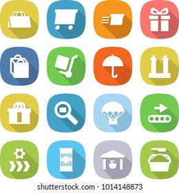 flat vector icon set - shopping bag vector, delivery, gift, cargo stoller, dry, top sign, hi quality package, search, parachute, conveyor, pasta, warehouse, washing powder