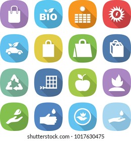 flat vector icon set - shopping bag vector, bio, sun power, eco car, recycle, solar panel, apple, sprouting, hand leaf, drop, ecology, and