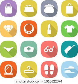 flat vector icon set - shopping bag vector, purse, diamond, necklace, lipstick, t shirt, underpants, medical hat, pacemaker, suitcase, mirror, hanger, slippers