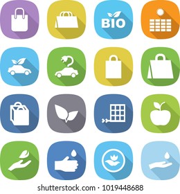 flat vector icon set - shopping bag vector, bio, sun power, eco car, electric, leafs, solar panel, apple, hand leaf, drop, ecology, and
