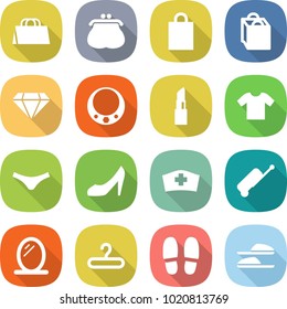 flat vector icon set - shopping bag vector, purse, diamond, necklace, lipstick, t shirt, underpants, shoes, medical hat, suitcase, mirror, hanger, slippers
