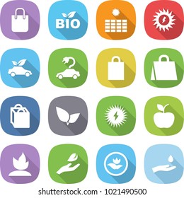 flat vector icon set - shopping bag vector, bio, sun power, eco car, electric, leafs, solar, apple, sprouting, hand leaf, ecology, and drop