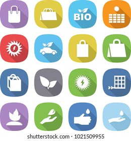 flat vector icon set - shopping bag vector, bio, sun power, eco car, leafs, solar, panel, sprouting, hand leaf, drop, and