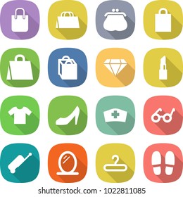 flat vector icon set - shopping bag vector, purse, diamond, lipstick, t shirt, shoes, medical hat, pacemaker, suitcase, mirror, hanger, slippers