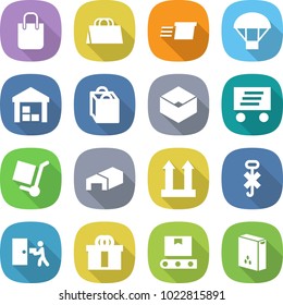 flat vector icon set - shopping bag vector, delivery, parachute, warehouse, box, cargo stoller, top sign, do not hook, courier, hi quality package, transporter tape, cereals
