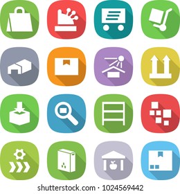 flat vector icon set - shopping bag vector, cashbox, delivery, cargo stoller, warehouse, package box, sun potection, top sign, search, rack, blocks, conveyor, cereals