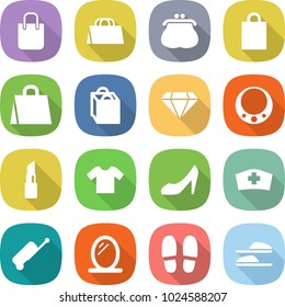 flat vector icon set - shopping bag vector, purse, diamond, necklace, lipstick, t shirt, shoes, medical hat, suitcase, mirror, slippers