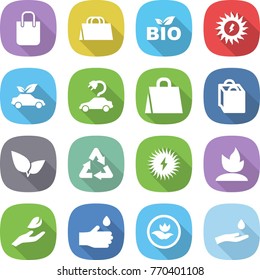 flat vector icon set - shopping bag vector, bio, sun power, eco car, electric, leafs, recycle, solar, sprouting, hand leaf, drop, ecology, and