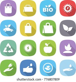 flat vector icon set - shopping bag vector, bio, sun power, eco car, leafs, recycle, solar, apple, sprouting, hand leaf, drop, ecology, and