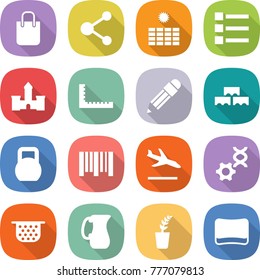 flat vector icon set - shopping bag vector, molecule, sun power, list, castle, ruler, pencil, block wall, heavy, bar code, arrival, dna edit, colander, jug, seedling, sponge