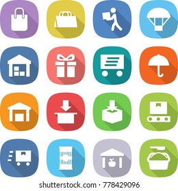 flat vector icon set - shopping bag vector, courier, parachute, warehouse, gift, delivery, dry cargo, package, transporter tape, fast deliver, pasta, washing powder